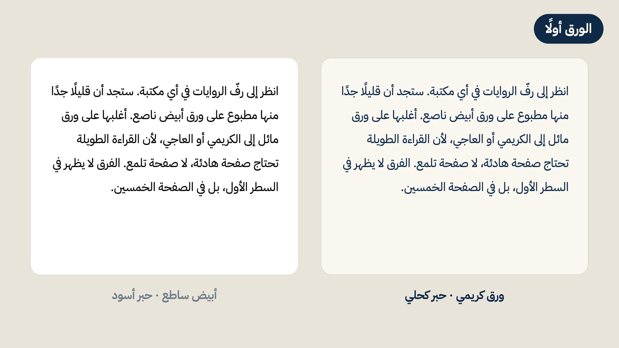 الفقرة العربية نفسها مرتين: على اليسار فوق أبيض ساطع بحبر أسود حاد، وعلى اليمين فوق ورق كريمي دافئ بحبر كحلي عميق.