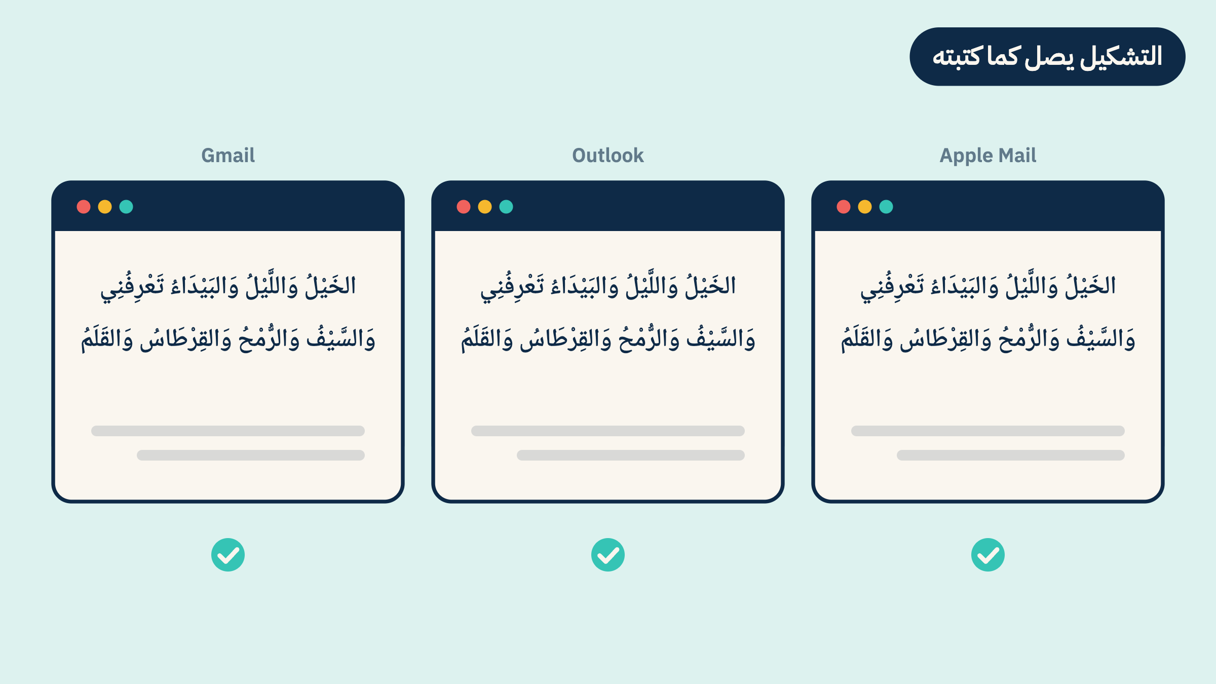 بيتٌ من الشعر مشكول بالكامل كما كتبه الكاتب، يصل إلى شاشة بريد على الهاتف والتشكيل في مكانه، بمسافة مريحة بين السطور.